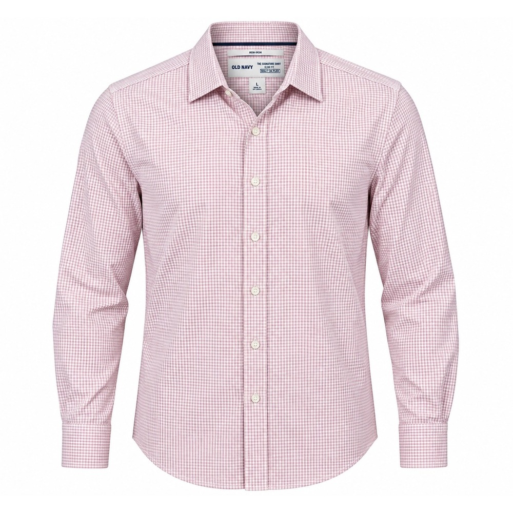 Old Navy Men's Signature Shirt Slim Fit Built-In Flex Pink Gingham Size L